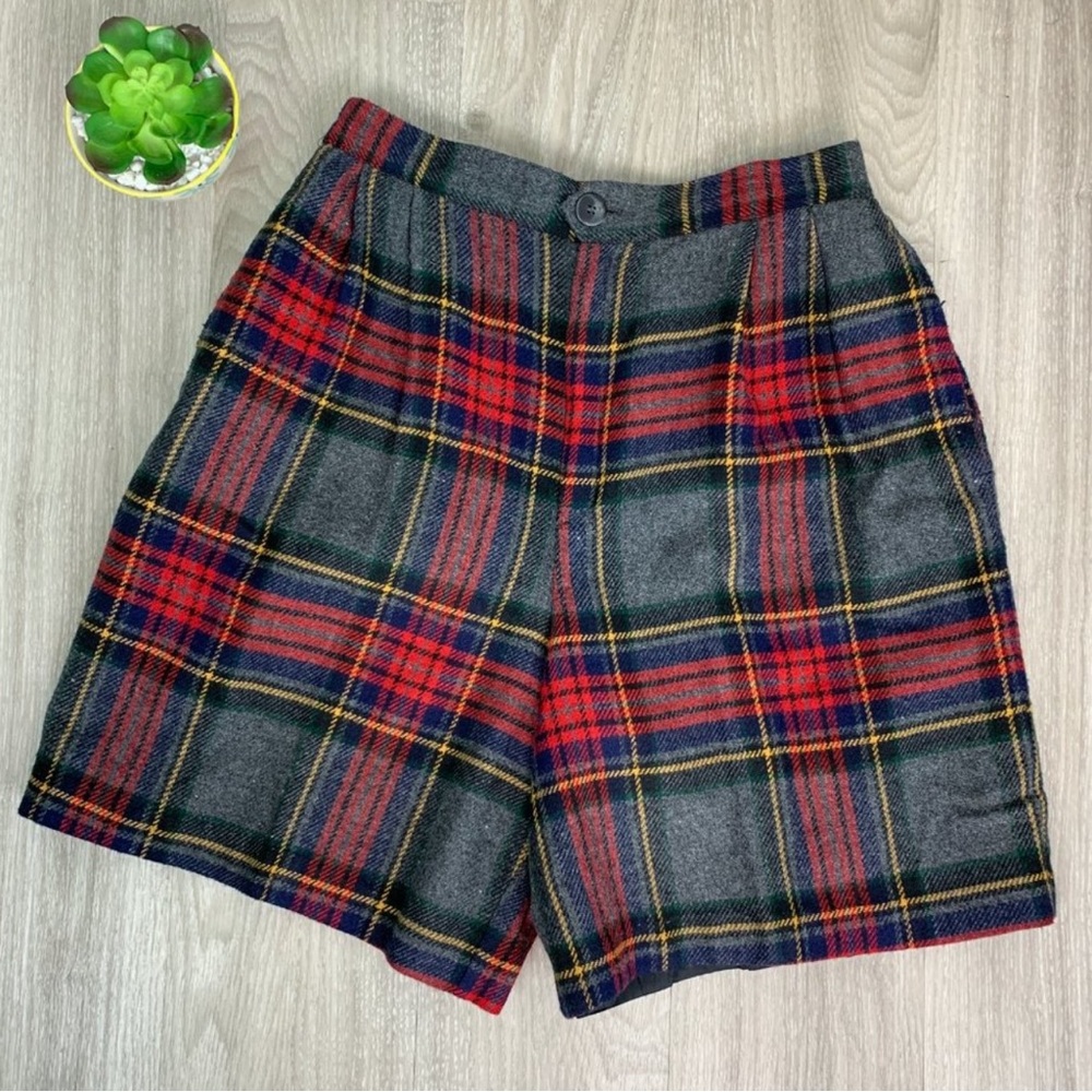 Vintage Wool Blend Plaid High Waist Lined Shorts